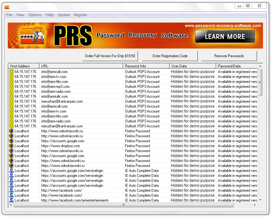 Click to view PRS Password Recovery Software 1.3 screenshot